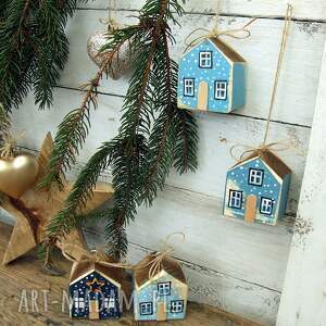 4 domki - zawieszki do świątecznej dekoracji, niebieskie, prezent na mikołajki