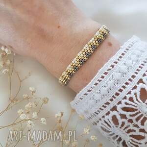 bransoletka kremowo - szara, biżuteria boho, płaska, regulowana, we