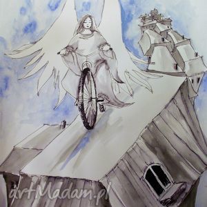 akwarela przejażdżka po dachach artystki plastyka adriany laube, rower anioł