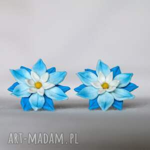 błękitne nenufary - ręcznie modelowane kolczyki kwiaty, biżuteria