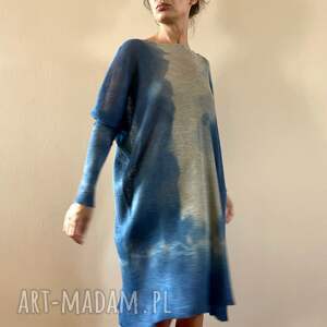 handmade swetry luźny lniany sweter sukienka blue&taupe