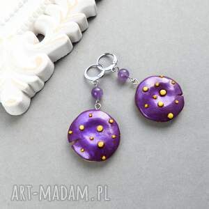 kolczyki fioletowe grzybki muchomorki z ametystem, grzyby