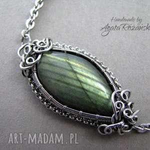 handmade bransoletka z zielonym labradorytem, wire wrapping, stal chirurgiczna