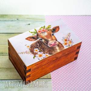pudełko drewniane - krówka, wiejskie klimaty, styl rustykalny kwiaty