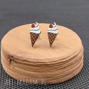 Kolczyki drewniane W ROŻKU, lody, ice cream, deser, lato