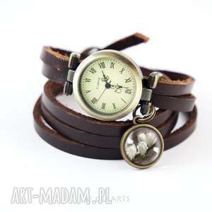 ręcznie zrobione zegarki bransoletka, zegarek - magnolia brązowy, skórzany, wąski