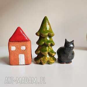 figurki ceramiczne, choinka, domek, kotek - zestaw dekoracja domu boże