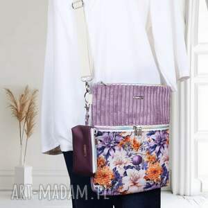 sztruksowa kwiaty fiolet, listonoszka, sztruks, saszetka