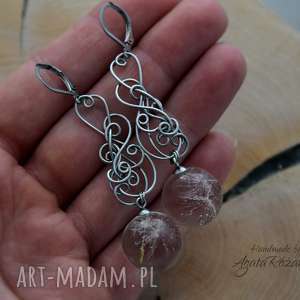 kolczyki z nasionami dmuchawca, wire wrapping, stal chirurgiczna, żywica