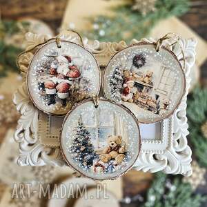 trzy duże plastry drewniane - dekoracje świąteczne decoupage, święty mikołaj