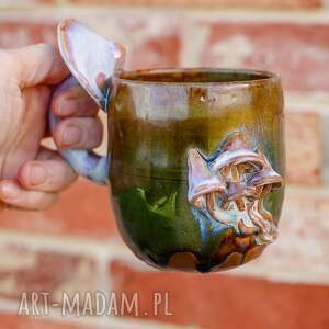handmade kubek z grzybkami psychodelki leśne poszycie ok 380 ml, ceramika