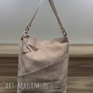 unique handmade zamszowa shopper boho duża torebka na ramię z frędzlami taupe