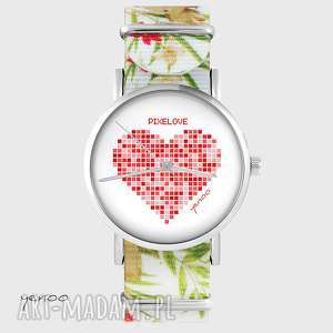 handmade zegarki zegarek - serce pikselove kwiaty, nato, biały