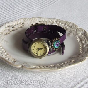 zegarek vintage z grafiką skórzany fioletowy, biżuteria, bransoletka złoto