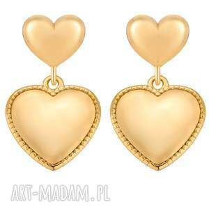 złote kolczyki podwójne serca, sercami, serduszkami, ozdobne