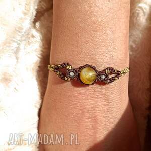 kluczyk z agatem i cytrynem w makramie bransoletka pleciona brązowo złota