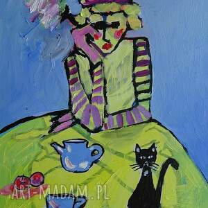 obraz ręcznie malowany babcia z czarnym kotkiem i papieroskiem