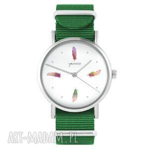 zegarek - kolorowe piórka zielony, nylonowy bransoletka boho, prezent