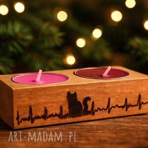 drewniany świecznik na dwa tealighty - koty ekg, ręcznie wypalane wzory