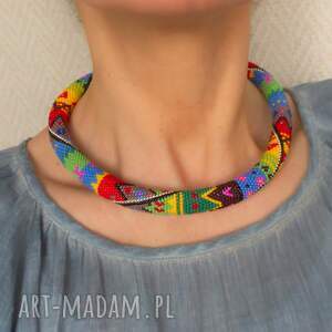 kolorowy naszyjnik koralikowy etno - sznur koralikowy, wzór geometryczny motyw