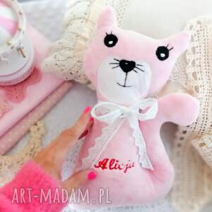 handmade maskotki handmade przytulanka kotek minky haft imię dziecka
