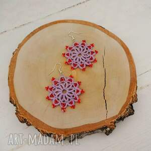 Prezent Lawendowe, okrągłe z czerwonymi koralikami, kolczyki