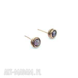 Kolczyki sztyfty z ametystem - miedziane wire wrapping, oksydowane (handmade)