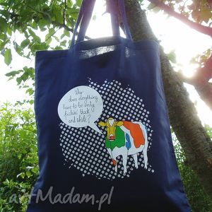handmade eko torba na ramię na zakupy A4 śmieszny nadruk krowa - kolor