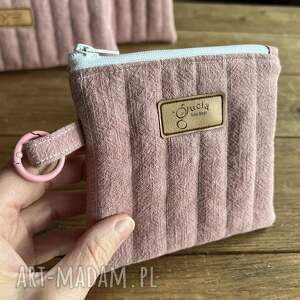 mini kosmetyczka - zgaszony róż lniany eko portfel, organizacja torebki, prezent