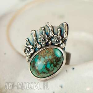 srebrny pierścionek z turkusem w kwiatach a723, motyw kwiatowy, unikatowy