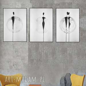abstrakcja minimalizm - zestaw, 3 grafiki czarno-białe, plakat 38x55, duża