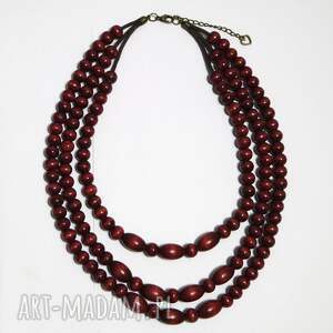 Drewniane korale potrójne bordo - naszyjnik handmade