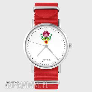 zegarki zegarek - folkowy kwiat czerwony, nato, unikatowy, prezent