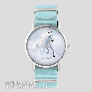 ręcznie robione zegarki zegarek, bransoletka - biały koń biegnący niebieski