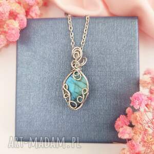 naszyjnik labradoryt niebieski stal chirurgiczna wisiorek handmade wirewrapping
