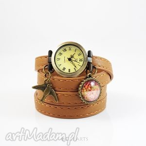 bransoletka, zegarek - jaskółka brązowy skórzany, grafika, retro