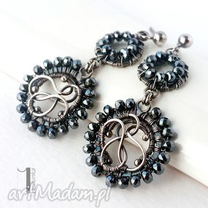 dantela - srebrne kolczyki z hematytami, 925 wirewrapping, ekskluzywne, prezent