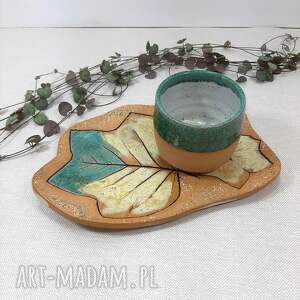 handmade ceramika duży ceramiczna talerzyk z czarką - liść