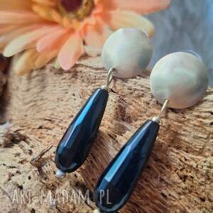 czarne łzy światła - kolczyki z mosiądzu i obsydianu czarnego, biżuteria