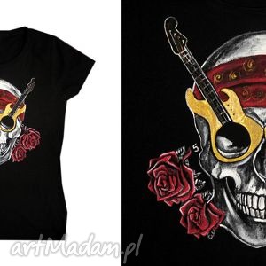 rocknrollskull in black t-shirt, koszulka hand painted, ręcznie malowana