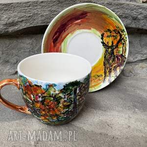 Porcelanowa filiżanka ze spodkiem ręcznie malowana Jesień w lesie