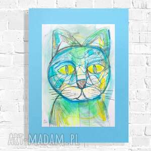 ręcznie robione pokoik dziecka rysunek z kotem, kot obraz malowany ręcznie, grafika