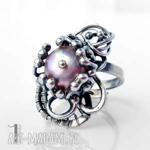 stamnibus ii srebrny pierścień z perłą, pierścionek, regulowany, wirewrapping