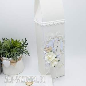 Ślubny zestaw handmade - kartka 14 x 14 cm z pudełkiem i opakowaniem na wino