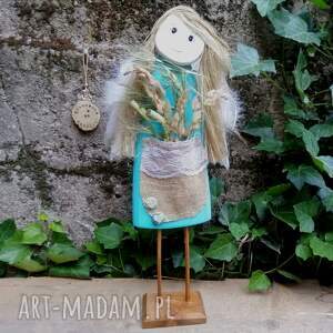 handmade dekoracje turkusowy anioł stojący z drewna no 7