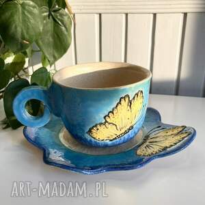 ceramiczny niebieski kubek, filiżanka, spodek, komplet motyle, kolorowy talerz