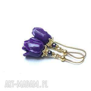 róże /purple / - kolczyki srebro pozłacane, koral, kwiaty, perły, swarovski