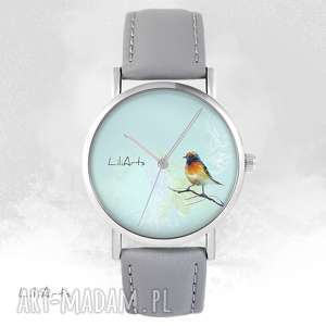zegarki zegarek - kolorowy ptaszek szary, skórzany, bransoletka ptak