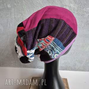 Czapka smerfetka turban boho amarant - rozmiar uniwersalny, ręcznie szyta na podszewce