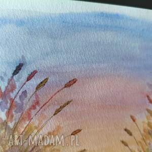 akwarele obraz lato sierpień zboże zachód wakacje słońce 15x21, letni pejzaż